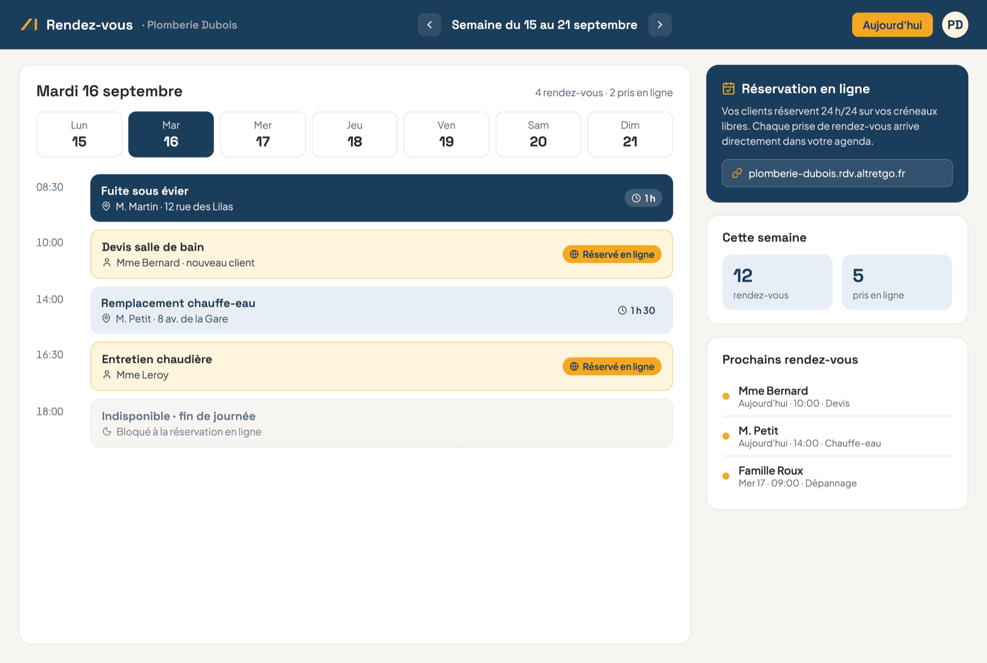 Écran de la prise de rendez-vous centralisée d'AltRetgo