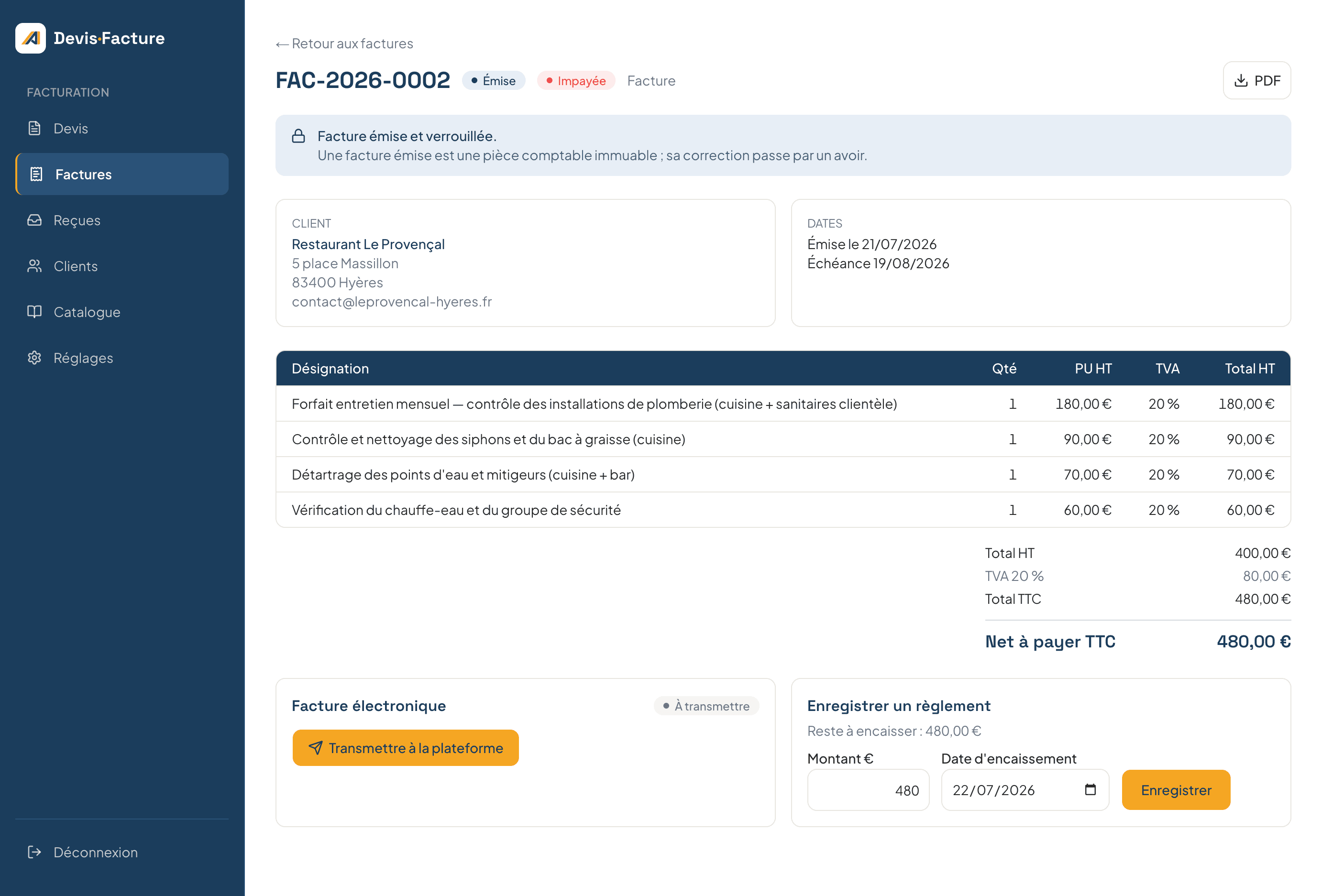 Facture électronique prête à être transmise à la plateforme, dans le module devis et factures d'AltRetgo